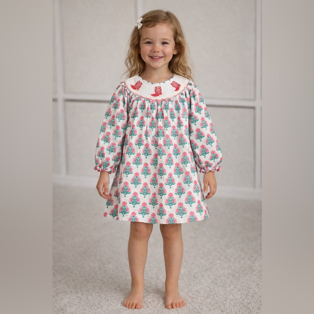 Poppy Kids Co Boot Scootin’ Floral Pink and White Smocked Embroidered Dress NWT